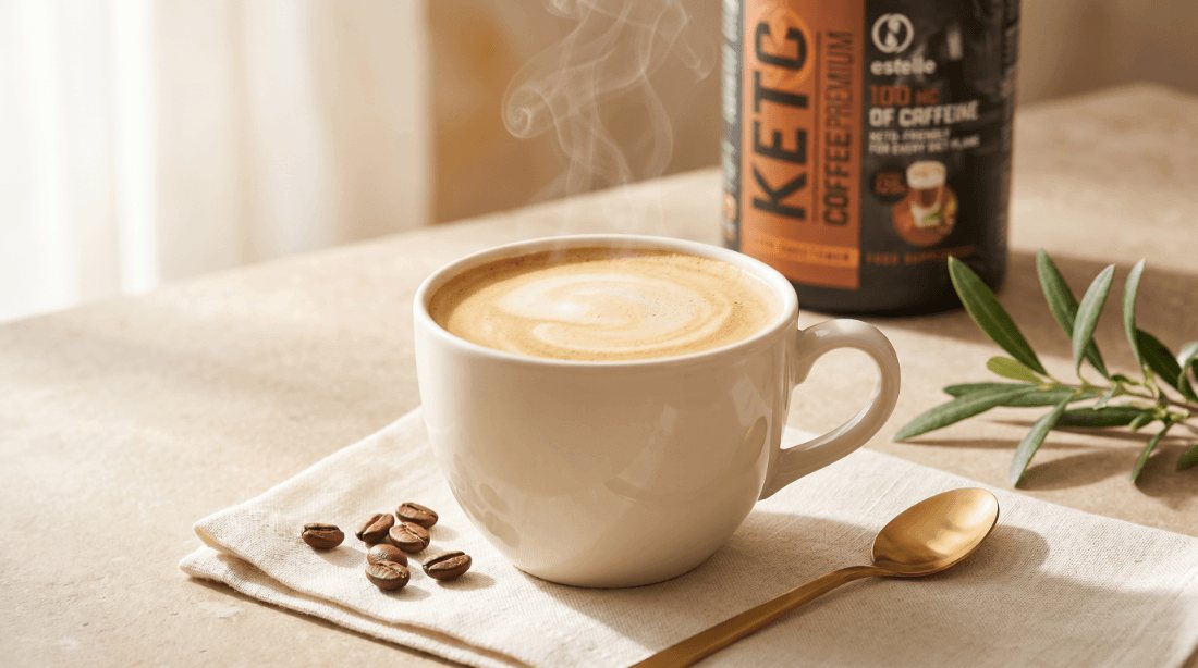 Šálek krémové Keto Coffee Premium vedle balení